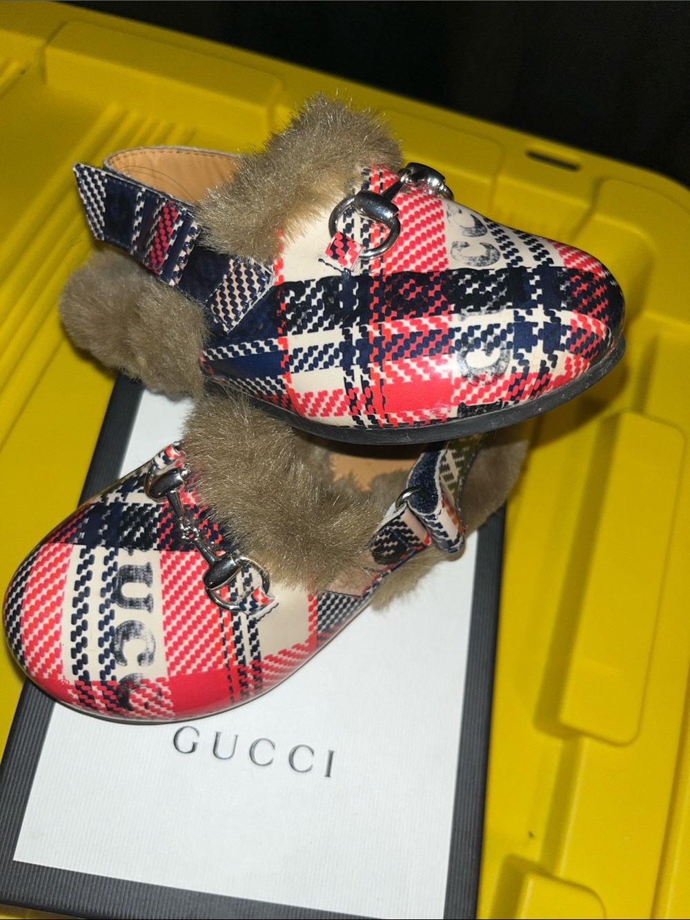 Gucci Kids Red Navy Plaid Fur-Trim Slip-On Loafers